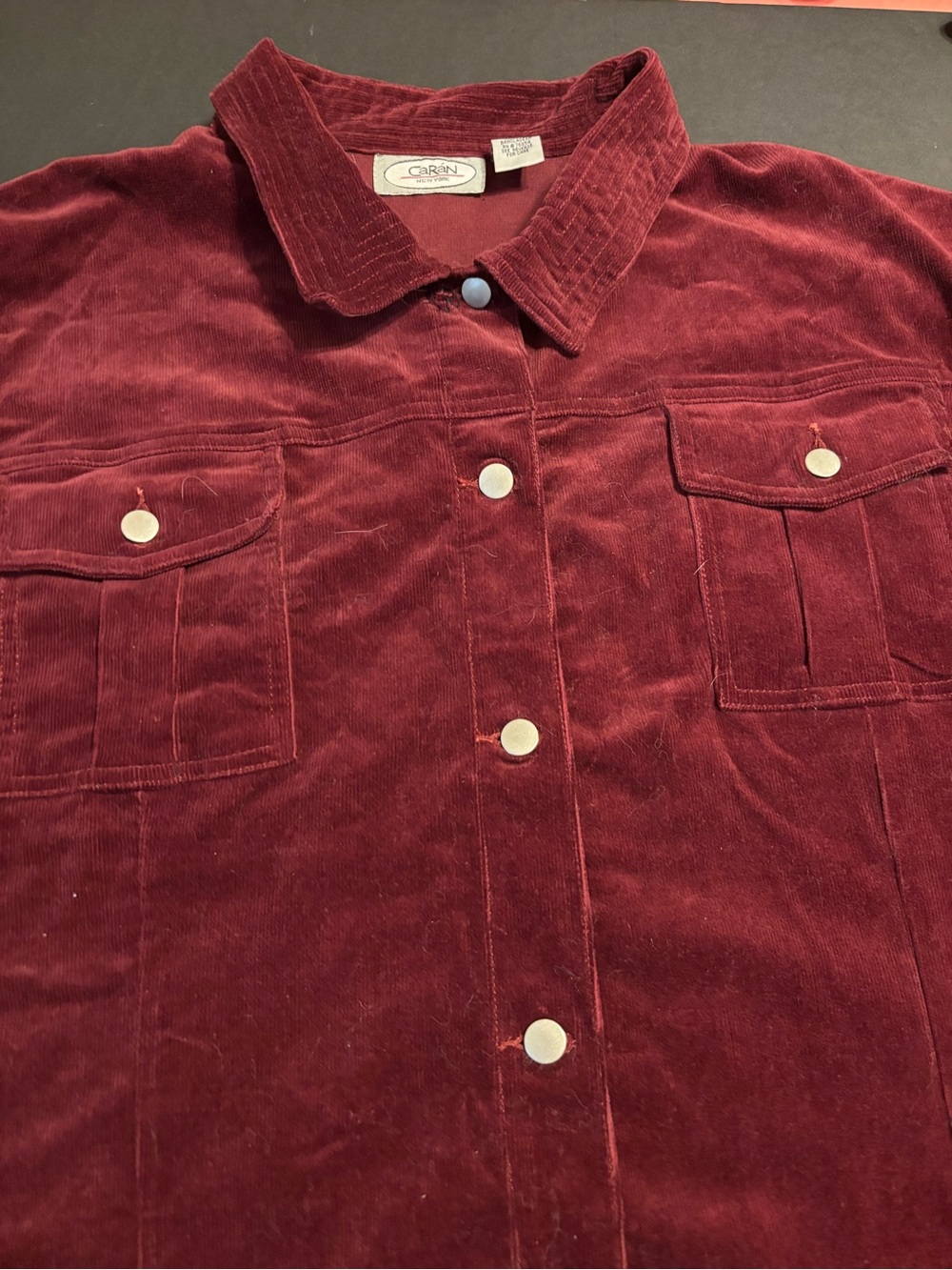 CaRan New York Women’s 2X Burgundy Corduroy Trucker Jacket Snap Front Stretch +